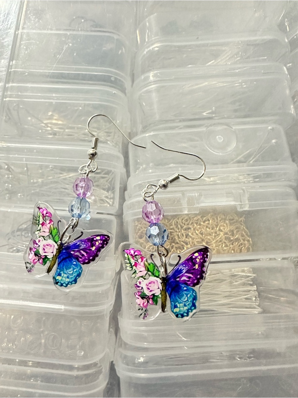 Butterfly Dangle Earrings in Purple & Blue - Floral Accent